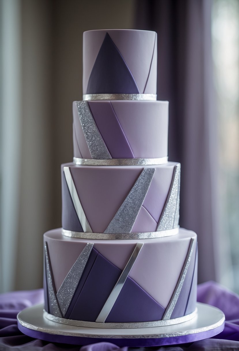 A multi-tiered wedding cake decorated with purple and silver geometric patterns on a plain background.