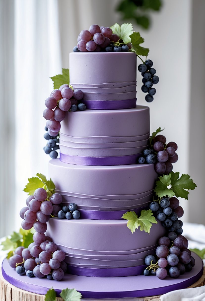 A multi-tiered purple wedding cake decorated with bunches of grapes and berries on a clean surface.