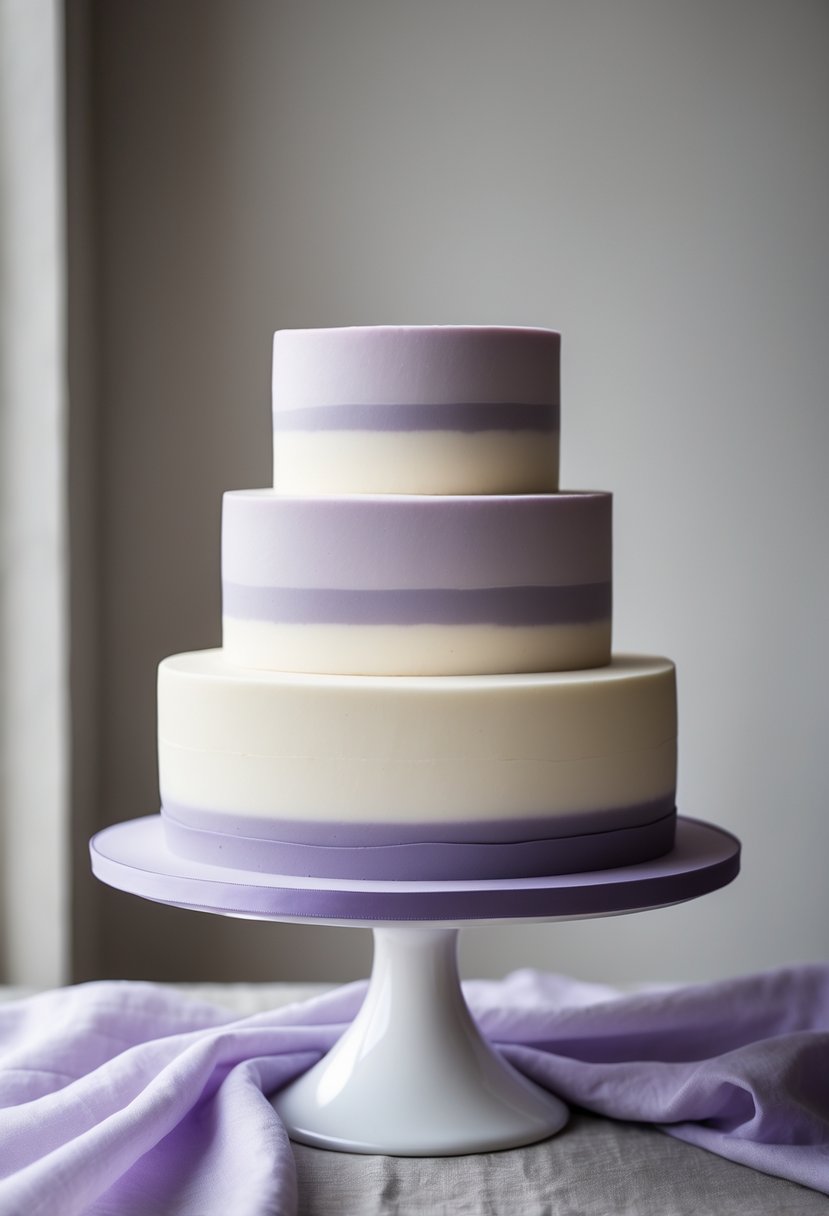 A lavender and ivory layered wedding cake with a simple, clean design on a white cake stand.