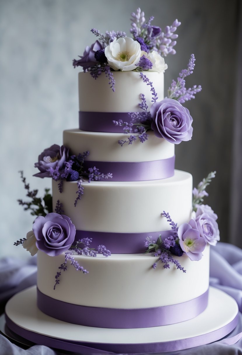 A multi-tiered wedding cake decorated with purple ribbons and purple and white flowers on a white stand.