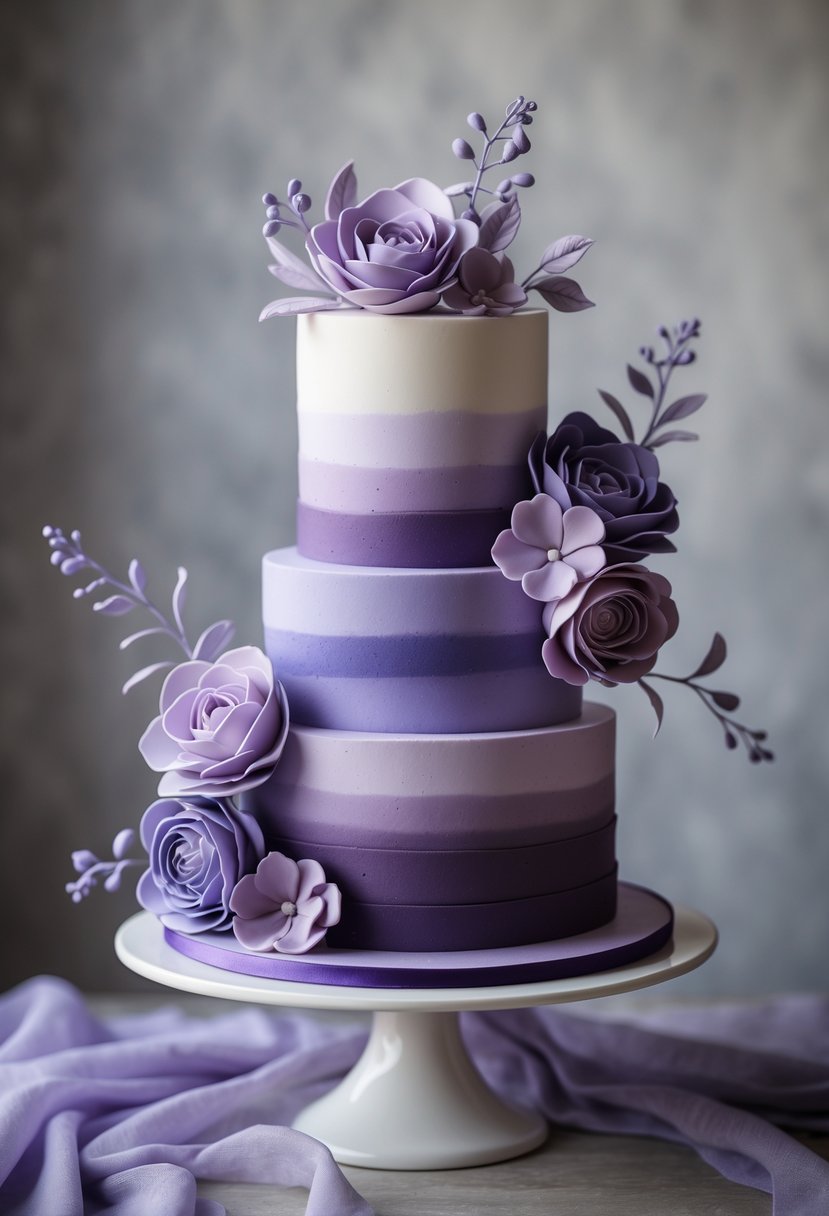A purple ombré wedding cake decorated with sugar flowers on a white cake stand.