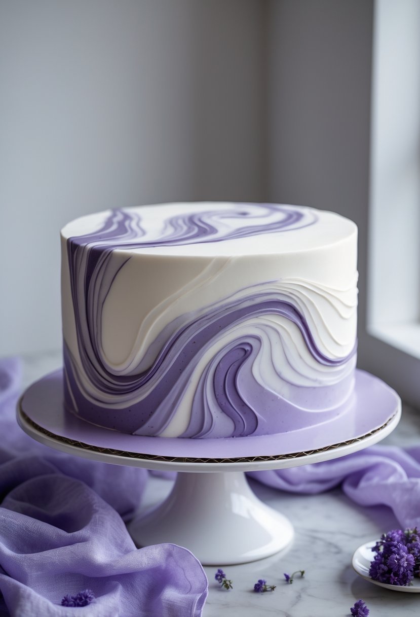 A marble effect wedding cake with white, lavender, and violet colors blended in a swirling pattern.