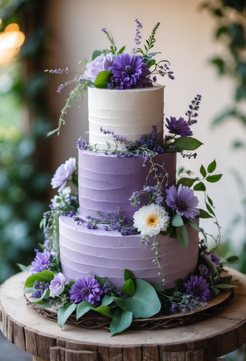 A rustic purple wedding cake decorated with wildflowers and greenery on a wooden table.