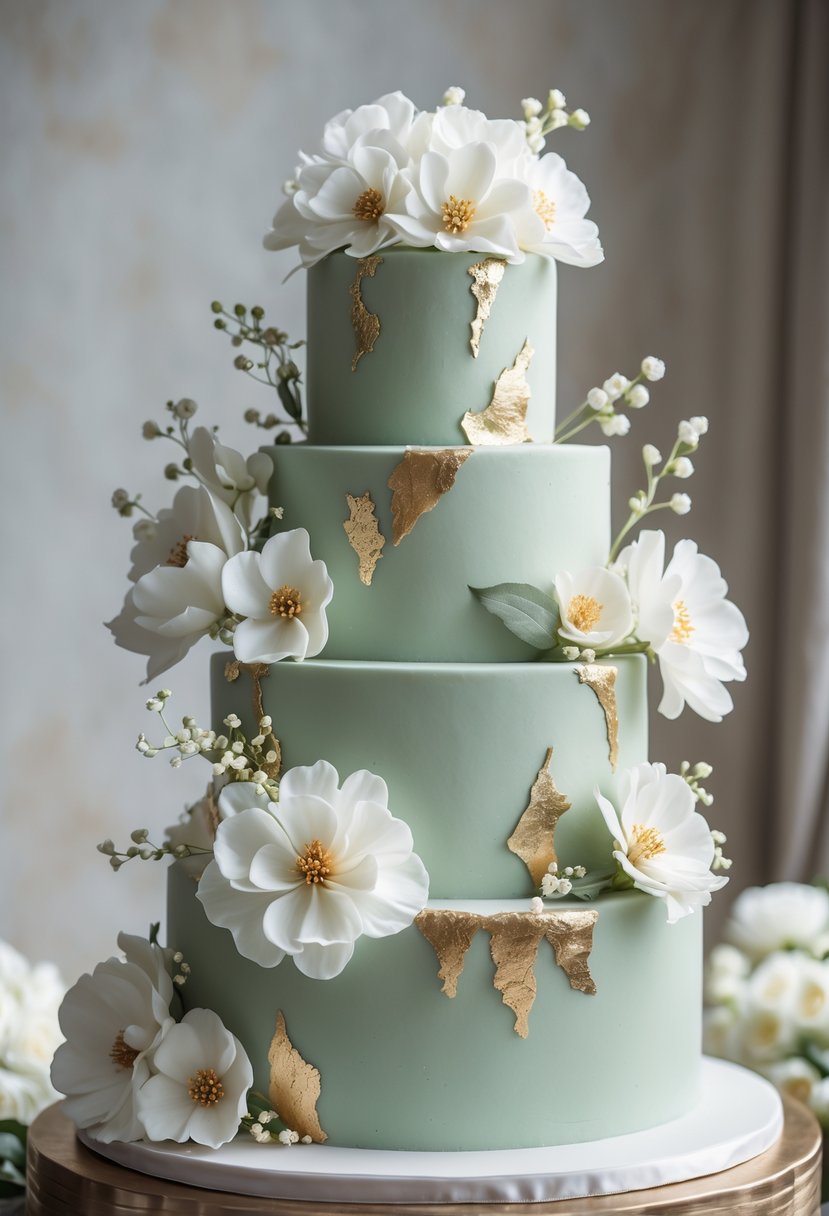 A three-tiered wedding cake decorated with white flowers and gold leaf accents on sage green frosting.