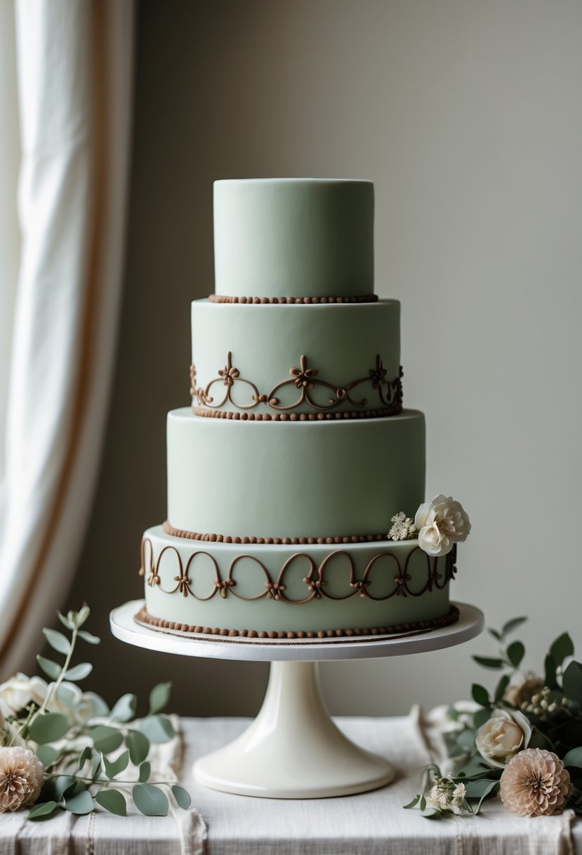 A multi-tiered wedding cake covered in sage green fondant with brown decorative details, displayed on a white cake stand with soft lighting.