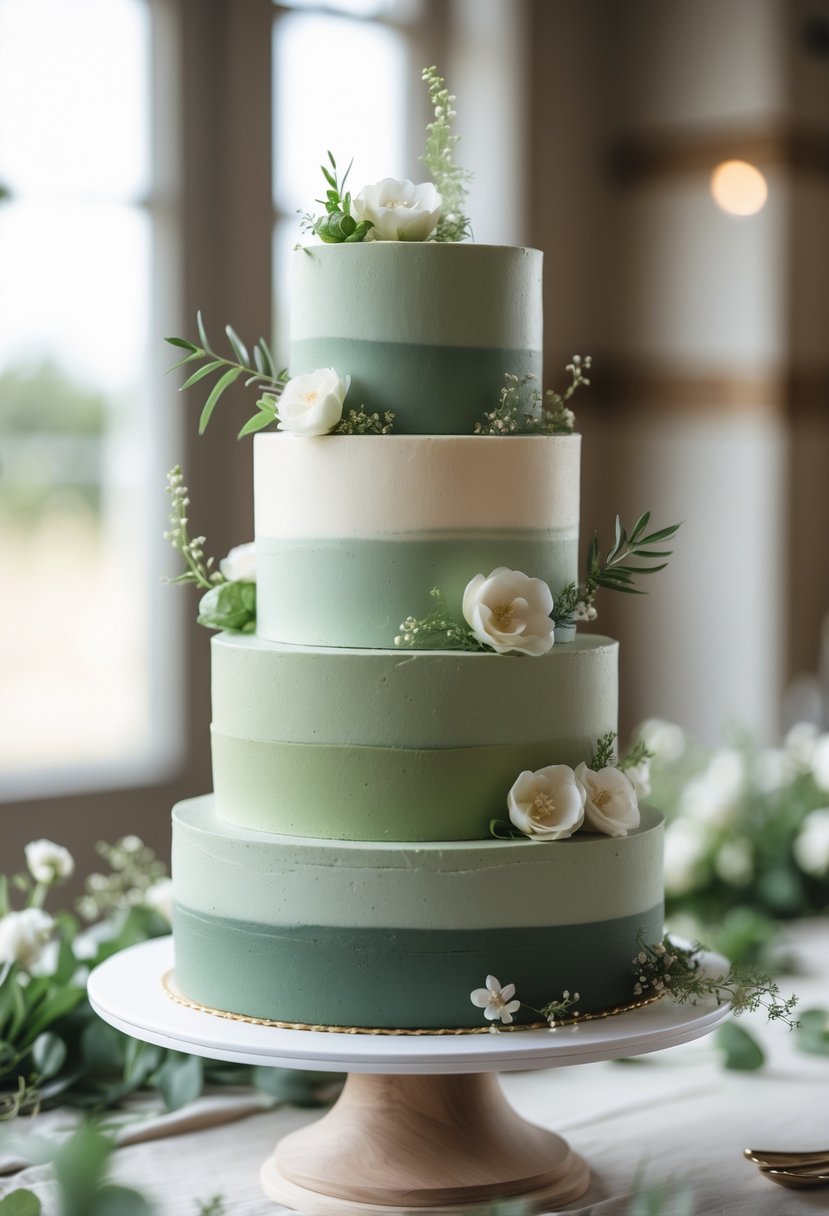 A multi-tiered wedding cake with olive green and sage green ombre colors, decorated with fresh greenery and small white flowers.