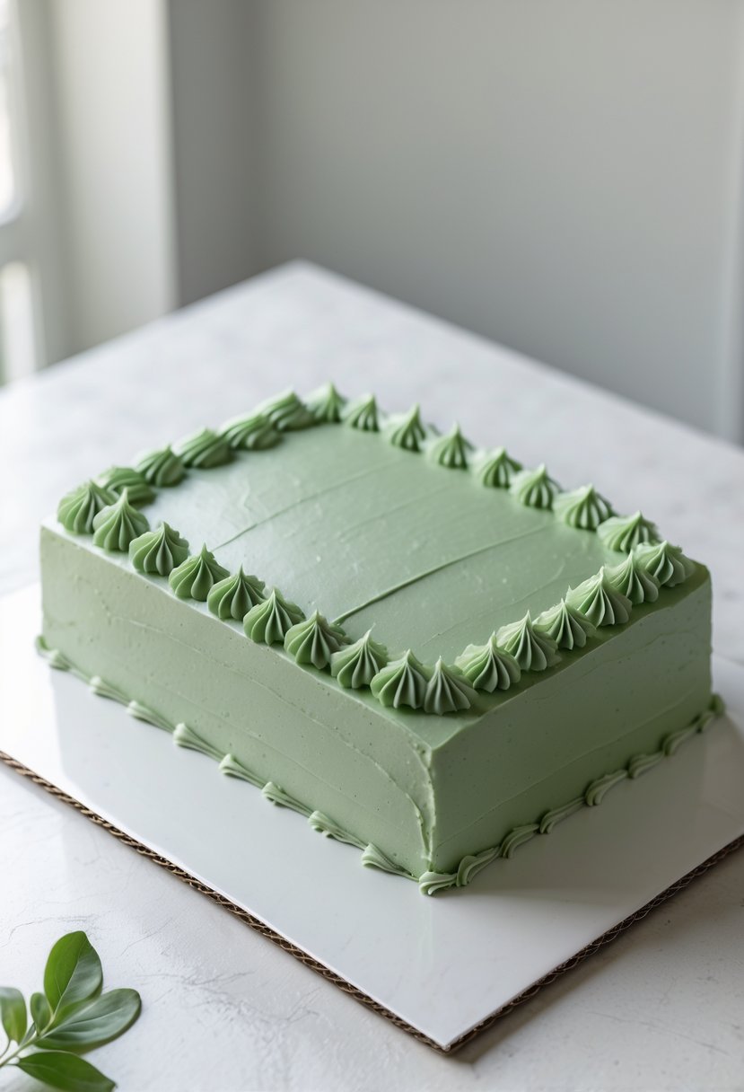 A rectangular sage green sheet cake with simple decorative piping on a white surface.