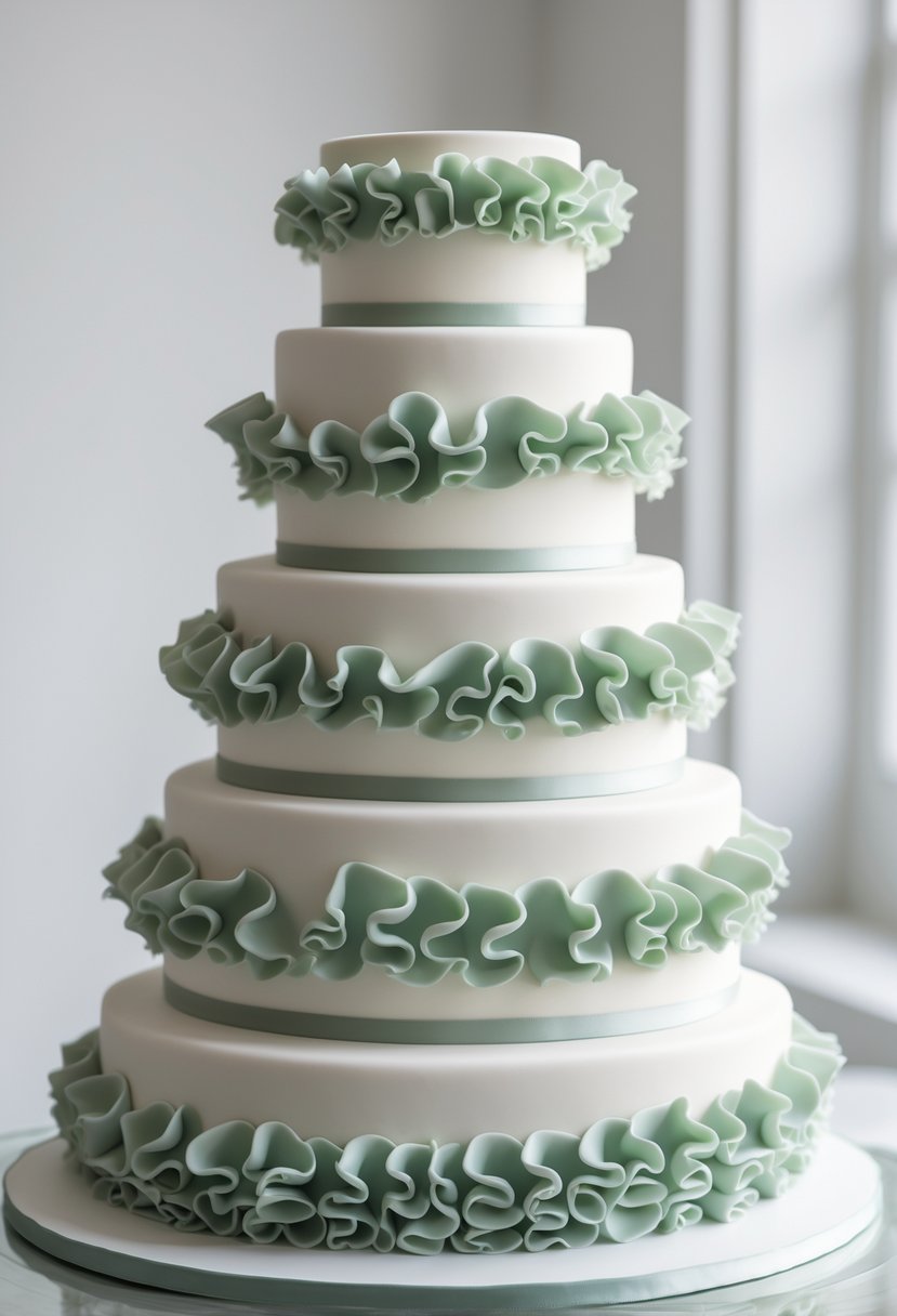 A multi-tiered white wedding cake decorated with soft sage green sugar ruffles.