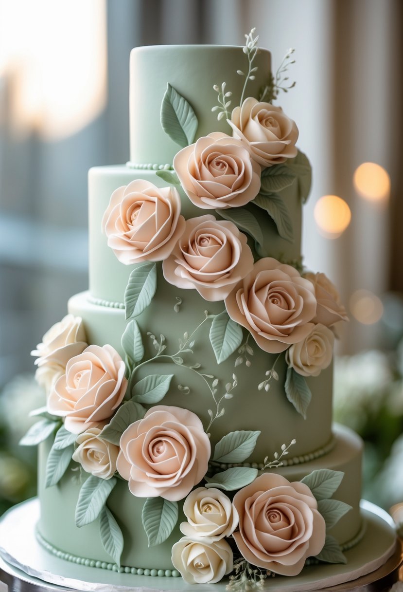 A multi-tiered wedding cake decorated with cascading sugar roses and sage green leaves.