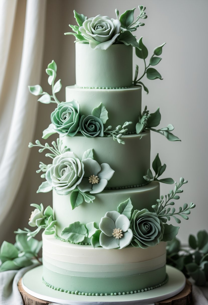 A multi-tiered wedding cake decorated with edible sage green flowers and leaves.