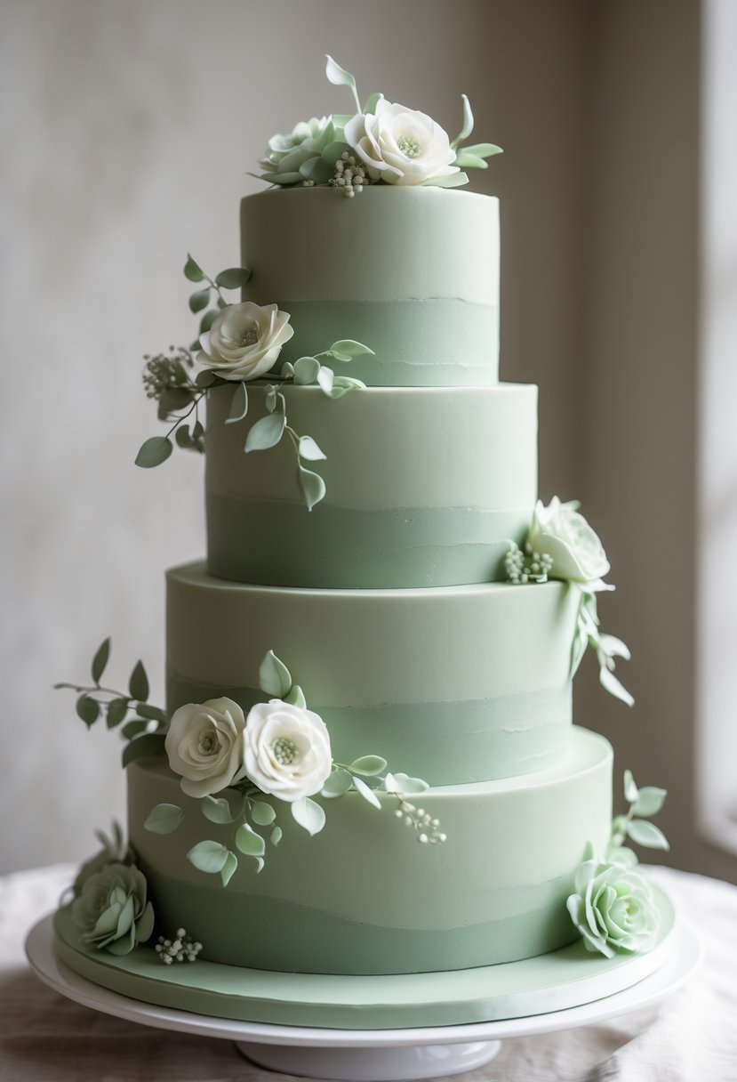 Four-tiered sage green wedding cake decorated with white and pale green flowers on a white cake stand.