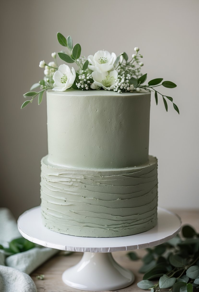 A rustic sage green wedding cake with textured sides decorated with white and green flowers on a white stand.