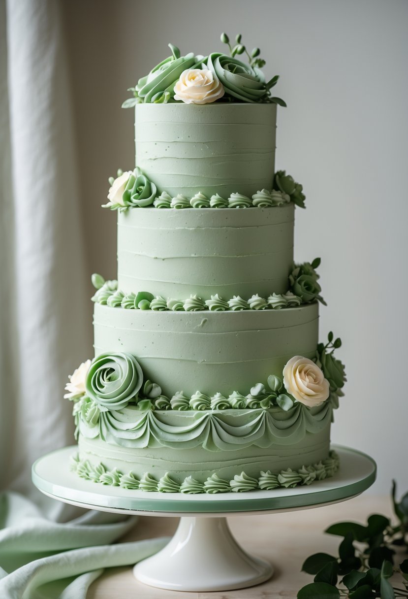A multi-tiered wedding cake with sage green buttercream swirls and floral decorations on a white stand.