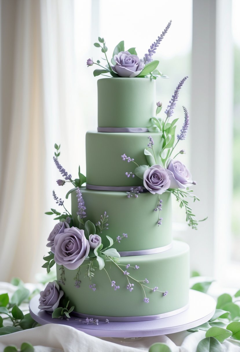 A multi-tiered wedding cake decorated with sage green fondant and lavender flowers.