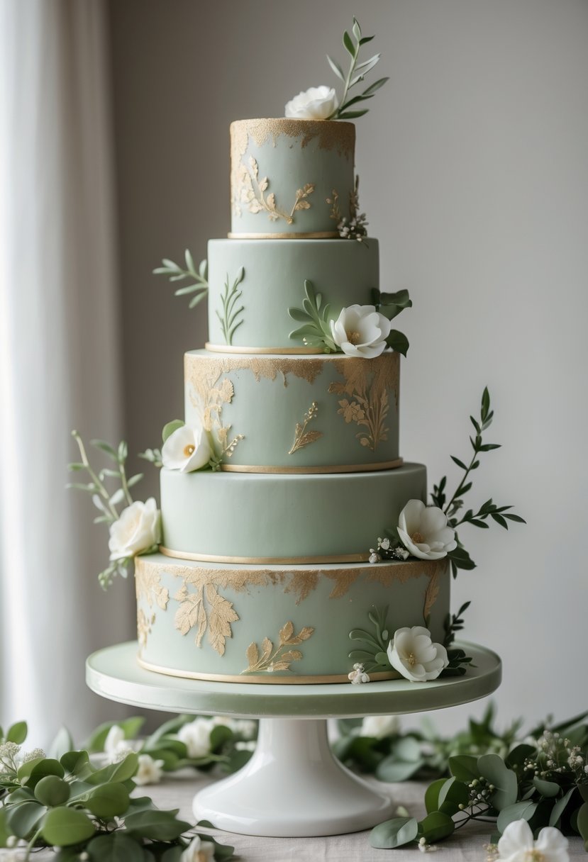 A multi-tiered wedding cake decorated in sage green with gold accents and small white flowers, displayed on a white stand.