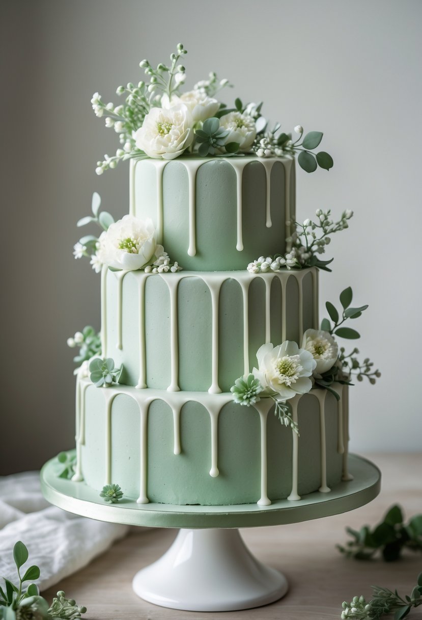 A sage green drip cake with white chocolate drip and floral decorations on a white cake stand.
