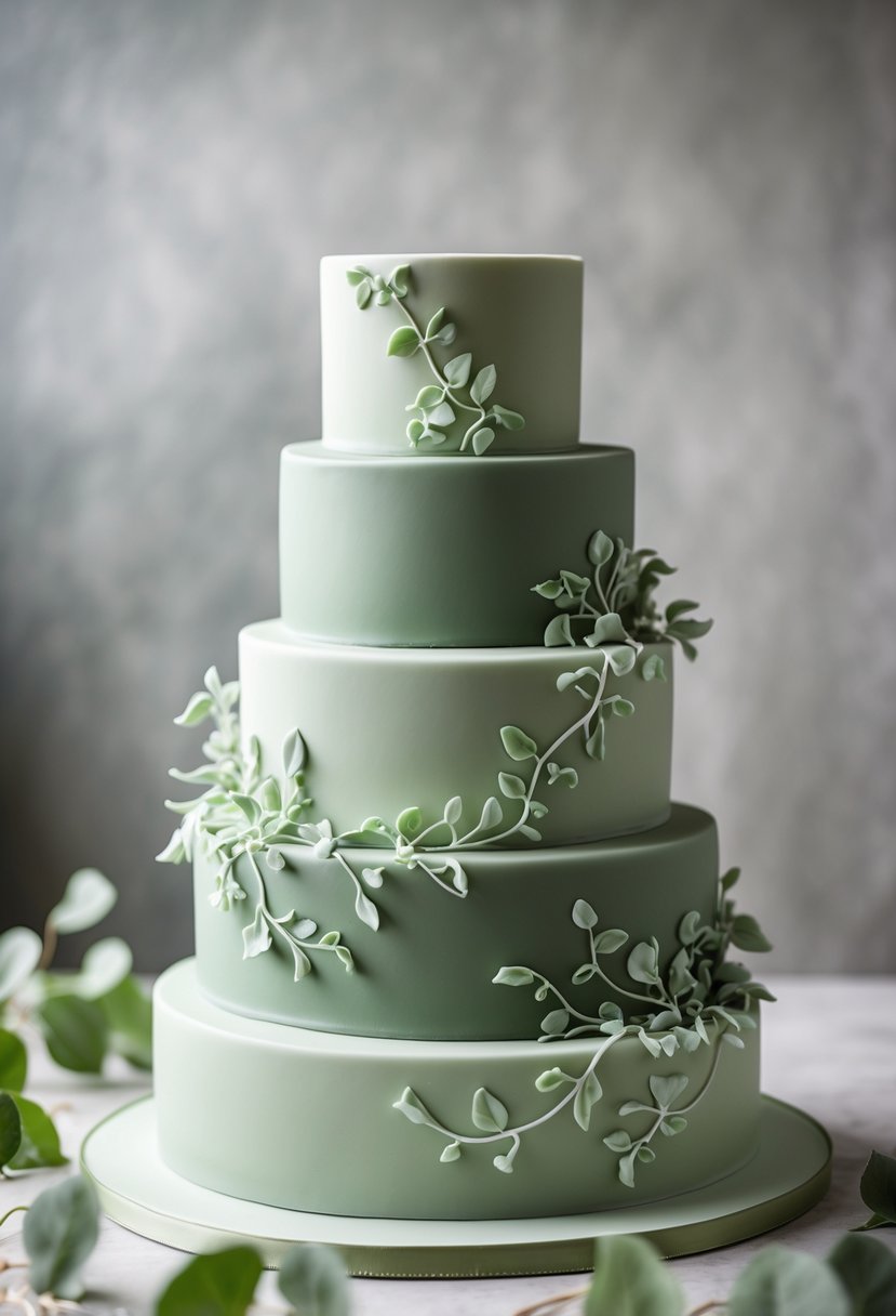 A multi-tiered sage green wedding cake decorated with delicate sugar vines.
