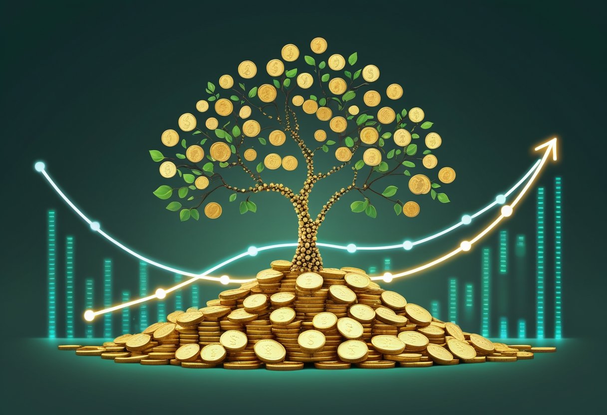 A large tree growing from a pile of coins with branches made of smaller coins, symbolizing wealth growth through investing and compounding.