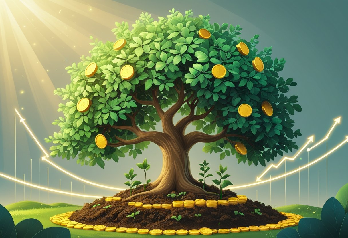 A large tree with golden coins in its leaves growing from a small seedling, surrounded by upward spiraling arrows and a faint graph showing increasing growth.