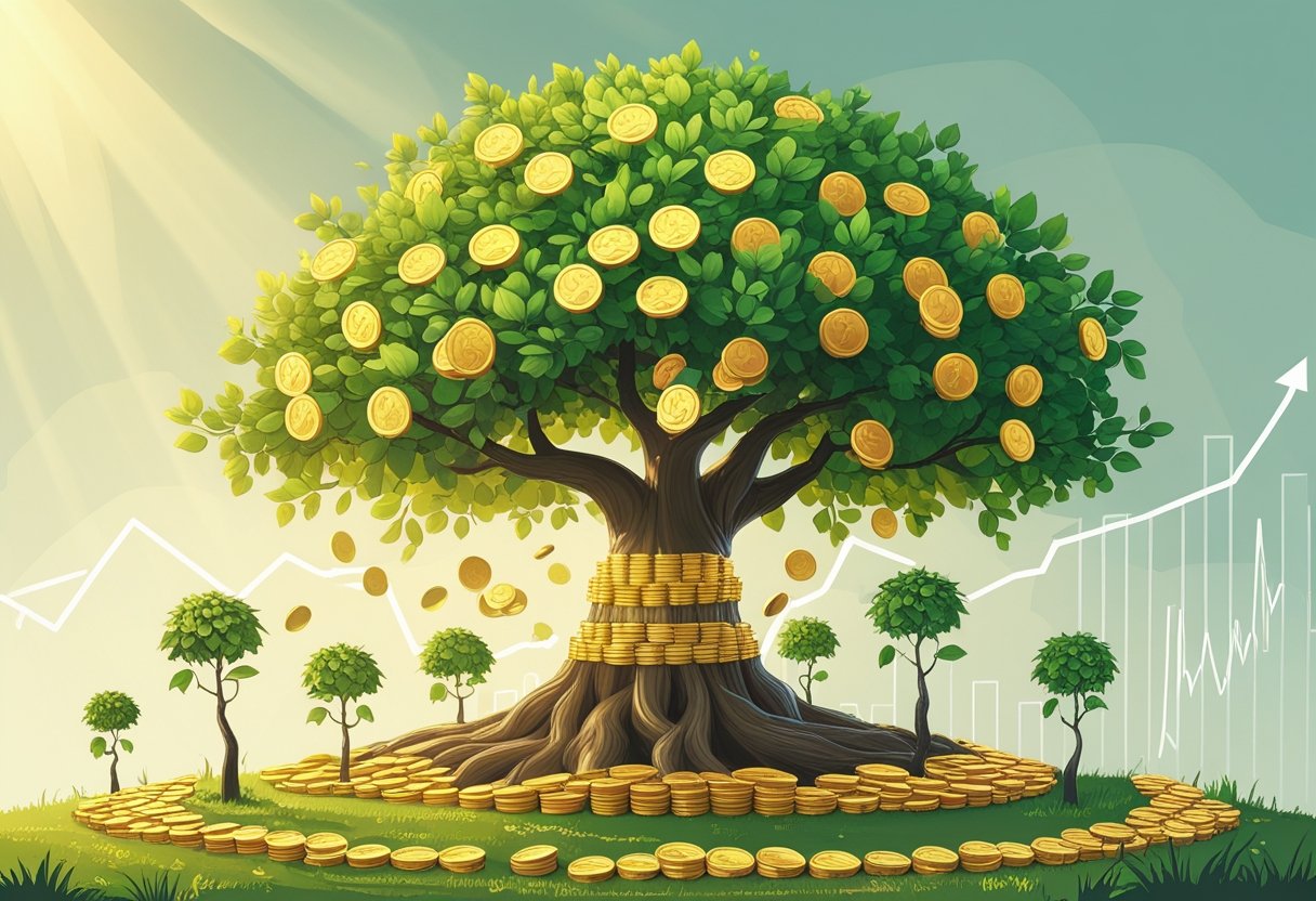 A large tree with golden coin leaves growing from roots made of stacked coins, surrounded by smaller coin plants and a faint upward-trending graph in the background, symbolizing investment growth.