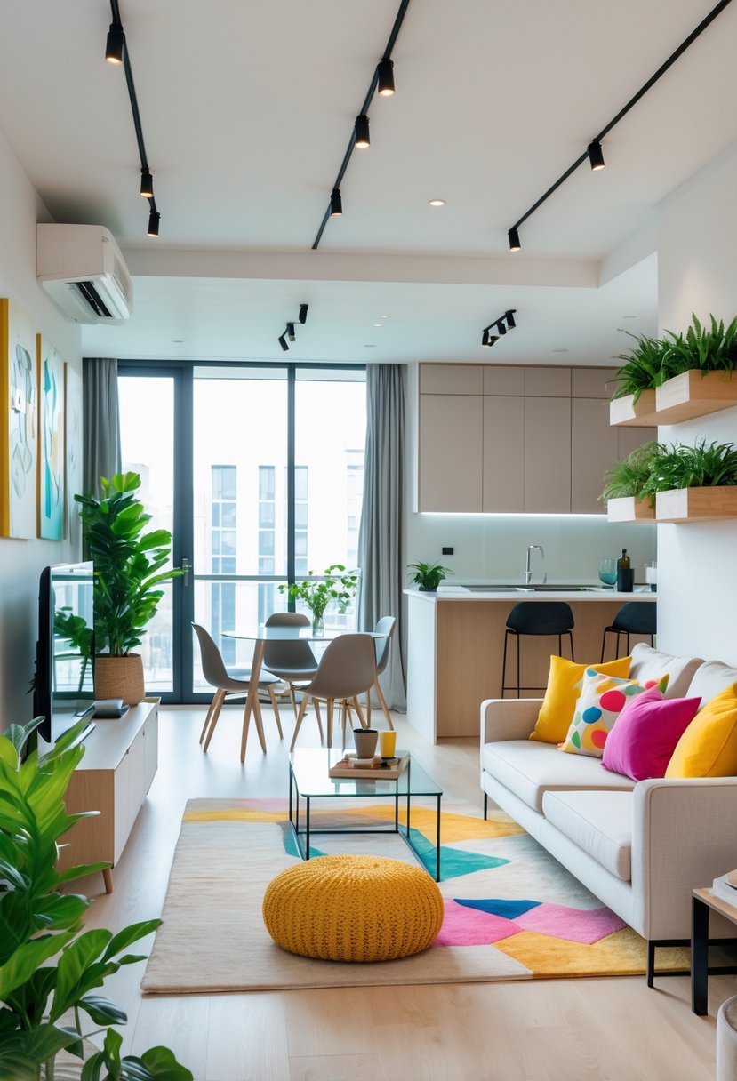 Apartment Makeover Ideas 2026: 22 Stylish Ways To Refresh Your Space 2 A modern apartment interior with a sofa, coffee table, indoor plants, and a kitchen area visible in the background.