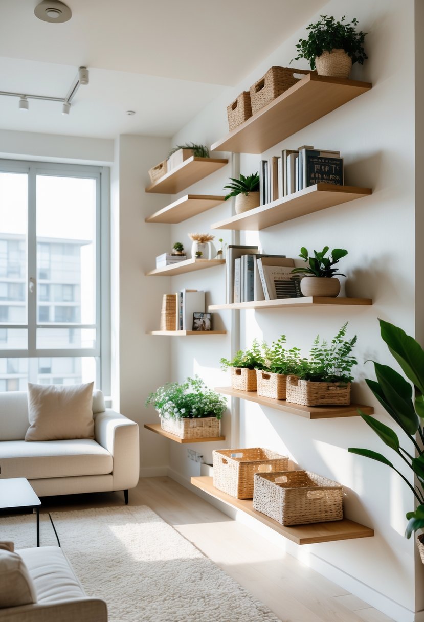 Apartment Makeover Ideas 2026: 22 Stylish Ways To Refresh Your Space 4 A bright apartment living room with floating shelves on the wall holding books, plants, and decorative items.