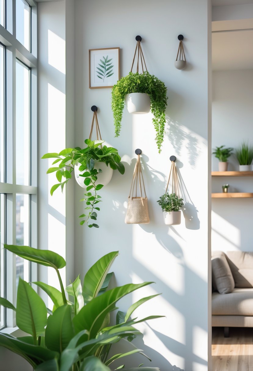 Apartment Makeover Ideas 2026: 22 Stylish Ways To Refresh Your Space 6 A modern apartment wall with removable hooks holding hanging plants and small framed art, with sunlight coming through windows and a cozy living space in the background.