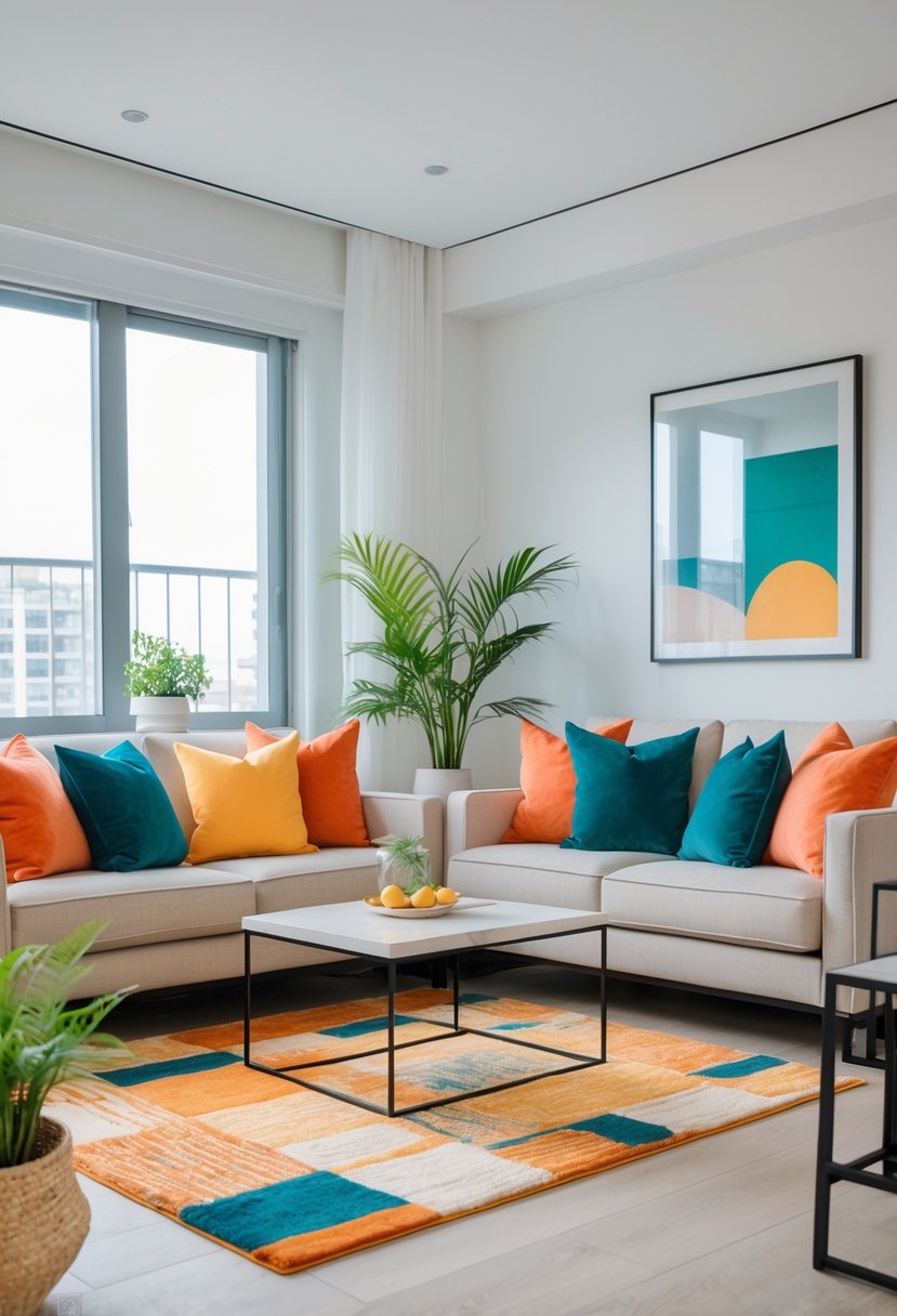 Apartment Makeover Ideas 2026: 22 Stylish Ways To Refresh Your Space 7 A modern living room with a sofa, colorful throw pillows, and a matching area rug under natural light.