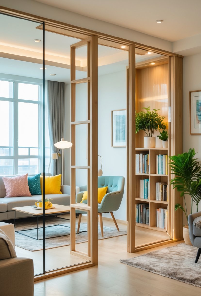 Apartment Makeover Ideas 2026: 22 Stylish Ways To Refresh Your Space 9 An apartment interior with a room divider separating a living area with a sofa from a reading nook with an armchair and bookshelf.