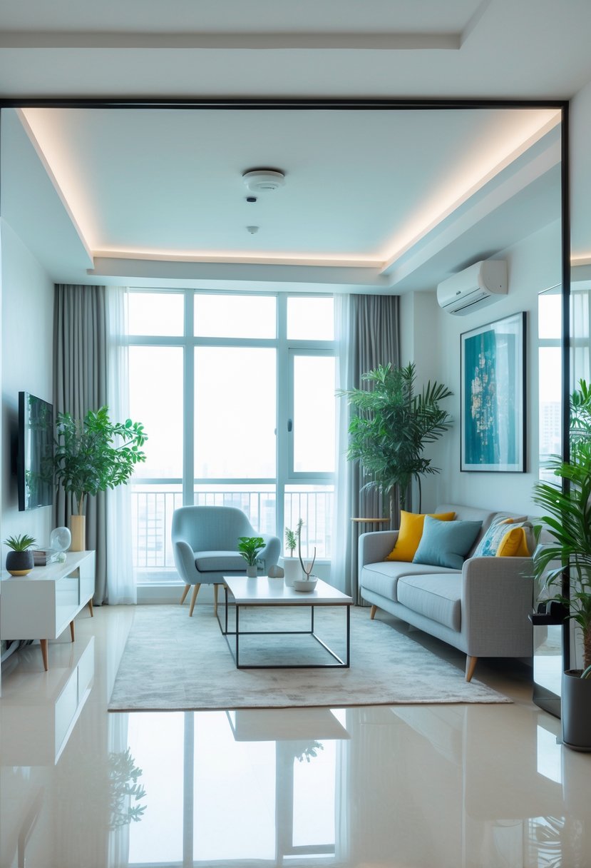 Apartment Makeover Ideas 2026: 22 Stylish Ways To Refresh Your Space 10 A bright apartment living room with a large wall mirror that makes the space look bigger, featuring modern furniture and natural light.