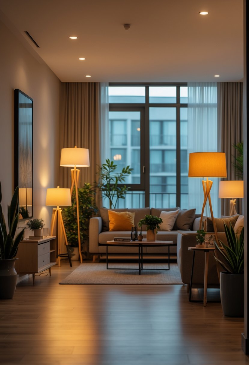 Apartment Makeover Ideas 2026: 22 Stylish Ways To Refresh Your Space 11 A living room with floor lamps and table lamps providing warm, layered lighting around a sofa and coffee table.