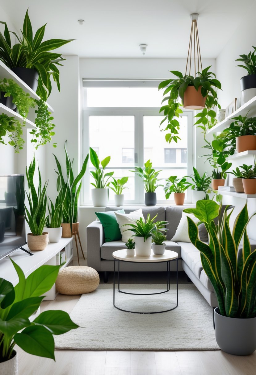 Apartment Makeover Ideas 2026: 22 Stylish Ways To Refresh Your Space 14 A modern apartment living room filled with various low-maintenance indoor plants placed on shelves and tables, with natural light coming through large windows.