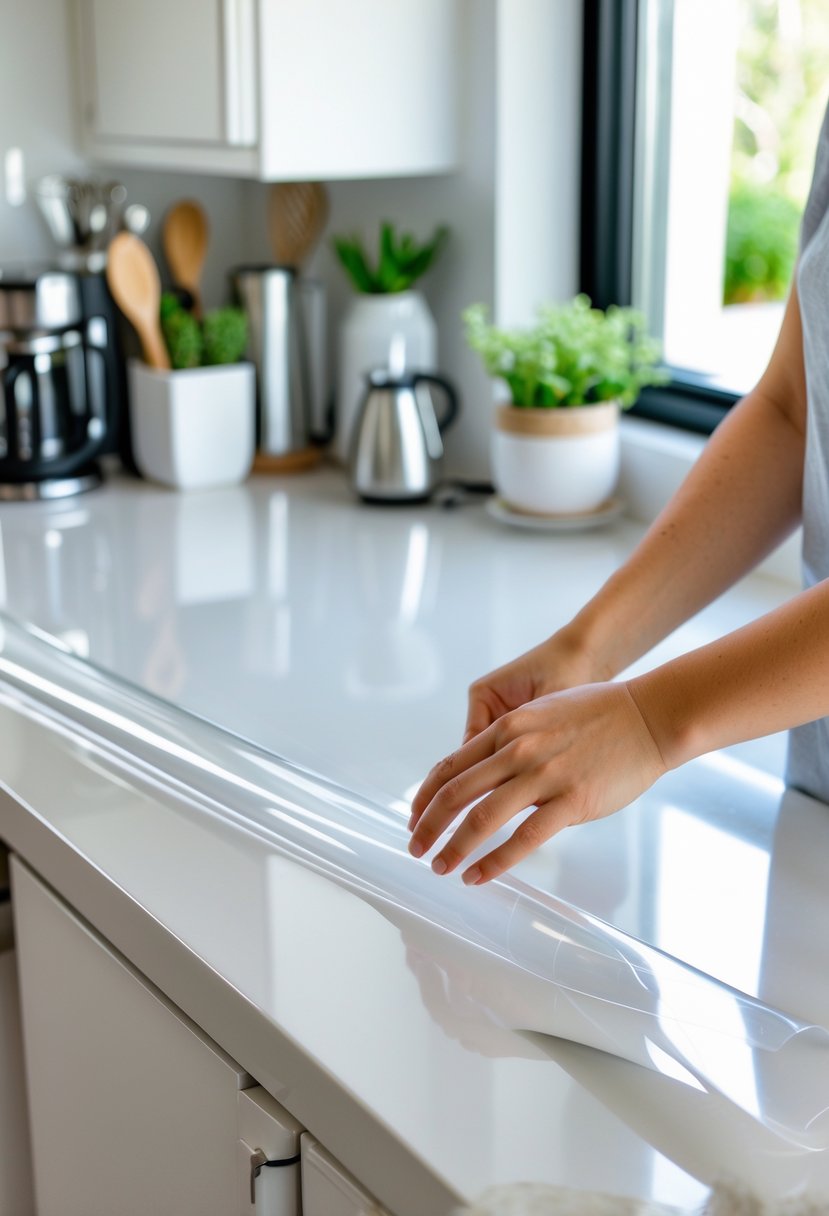 Apartment Makeover Ideas 2026: 22 Stylish Ways To Refresh Your Space 15 Person applying contact paper to a kitchen countertop in a modern apartment.