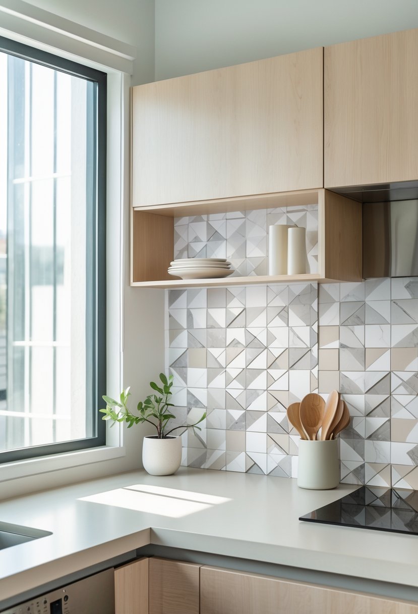 Apartment Makeover Ideas 2026: 22 Stylish Ways To Refresh Your Space 16 A modern kitchen with a newly installed peel-and-stick tile backsplash behind the countertop and light wood cabinets.