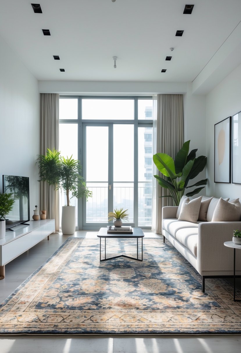 Apartment Makeover Ideas 2026: 22 Stylish Ways To Refresh Your Space 17 A modern apartment living area with a statement rug, sofa, coffee table, plants, and natural light coming through large windows.