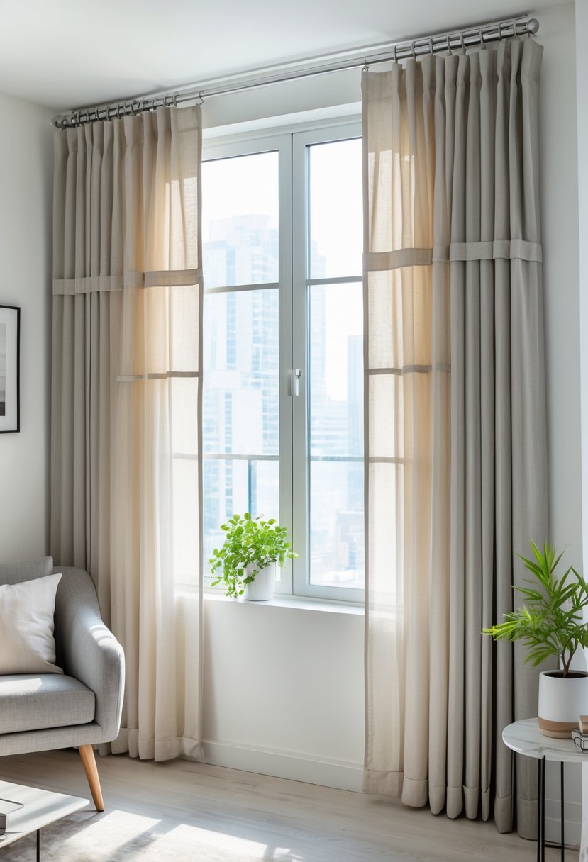 Apartment Makeover Ideas 2026: 22 Stylish Ways To Refresh Your Space 18 A modern apartment window with multiple curtains hung on tension rods, surrounded by a cozy living room corner with furniture and natural light.