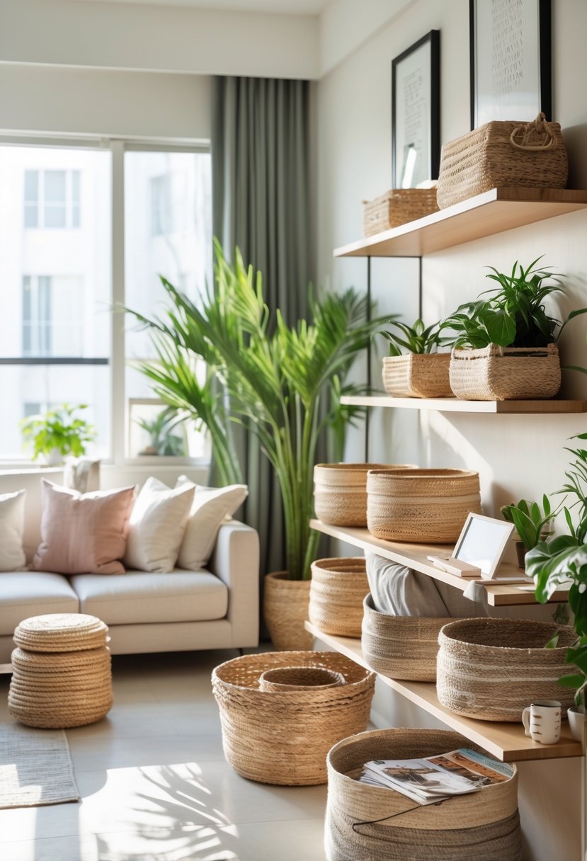 Apartment Makeover Ideas 2026: 22 Stylish Ways To Refresh Your Space 19 A modern apartment living room with decorative woven baskets used for organized storage on shelves and under a console table.