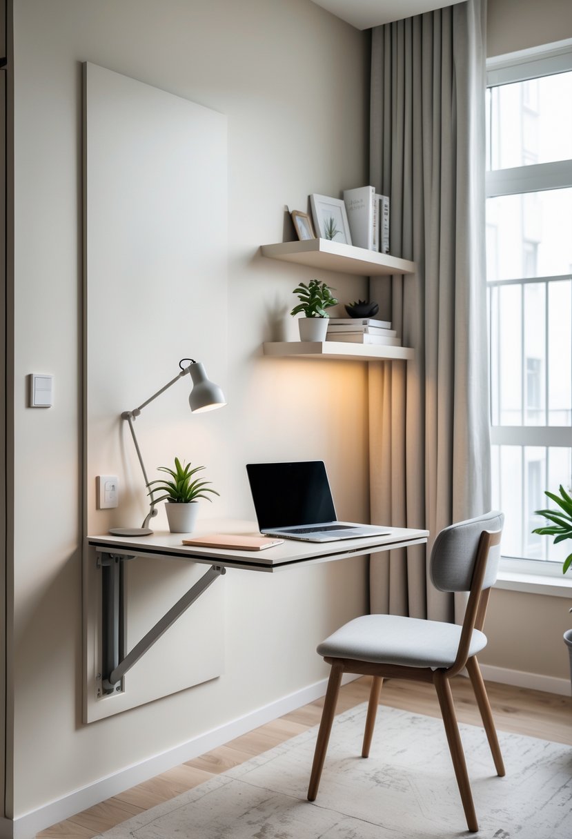 Apartment Makeover Ideas 2026: 22 Stylish Ways To Refresh Your Space 21 Compact workspace with a fold-down desk, laptop, chair, and shelves in a bright apartment.