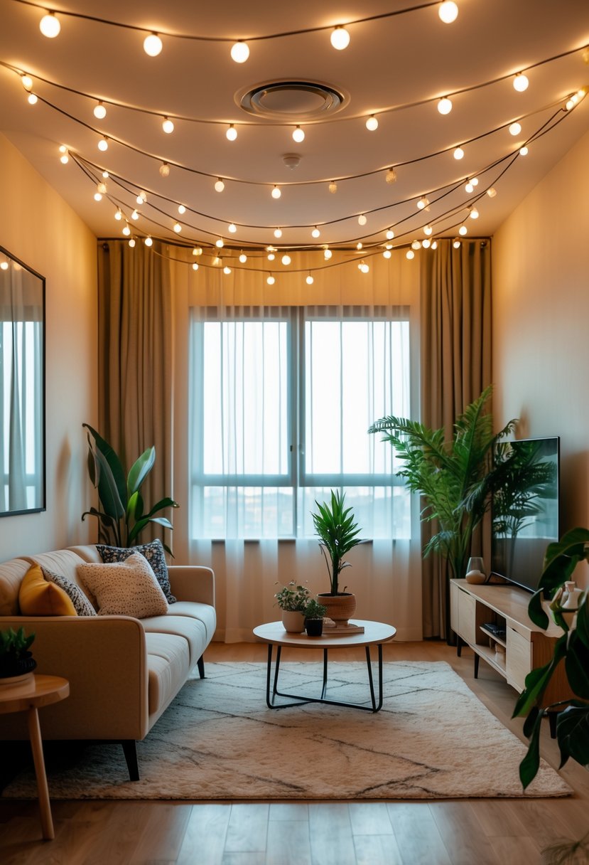 Apartment Makeover Ideas 2026: 22 Stylish Ways To Refresh Your Space 22 Living room with string lights hung across the ceiling, warm lighting, modern furniture, and indoor plants.