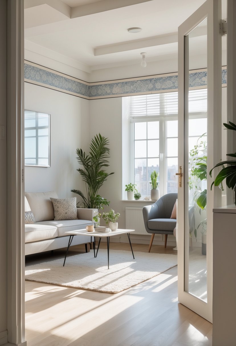 Apartment Makeover Ideas 2026: 22 Stylish Ways To Refresh Your Space 23 A modern living room with light walls accented by decorative wallpaper borders, featuring a sofa, coffee table, plants, and large windows letting in natural light.