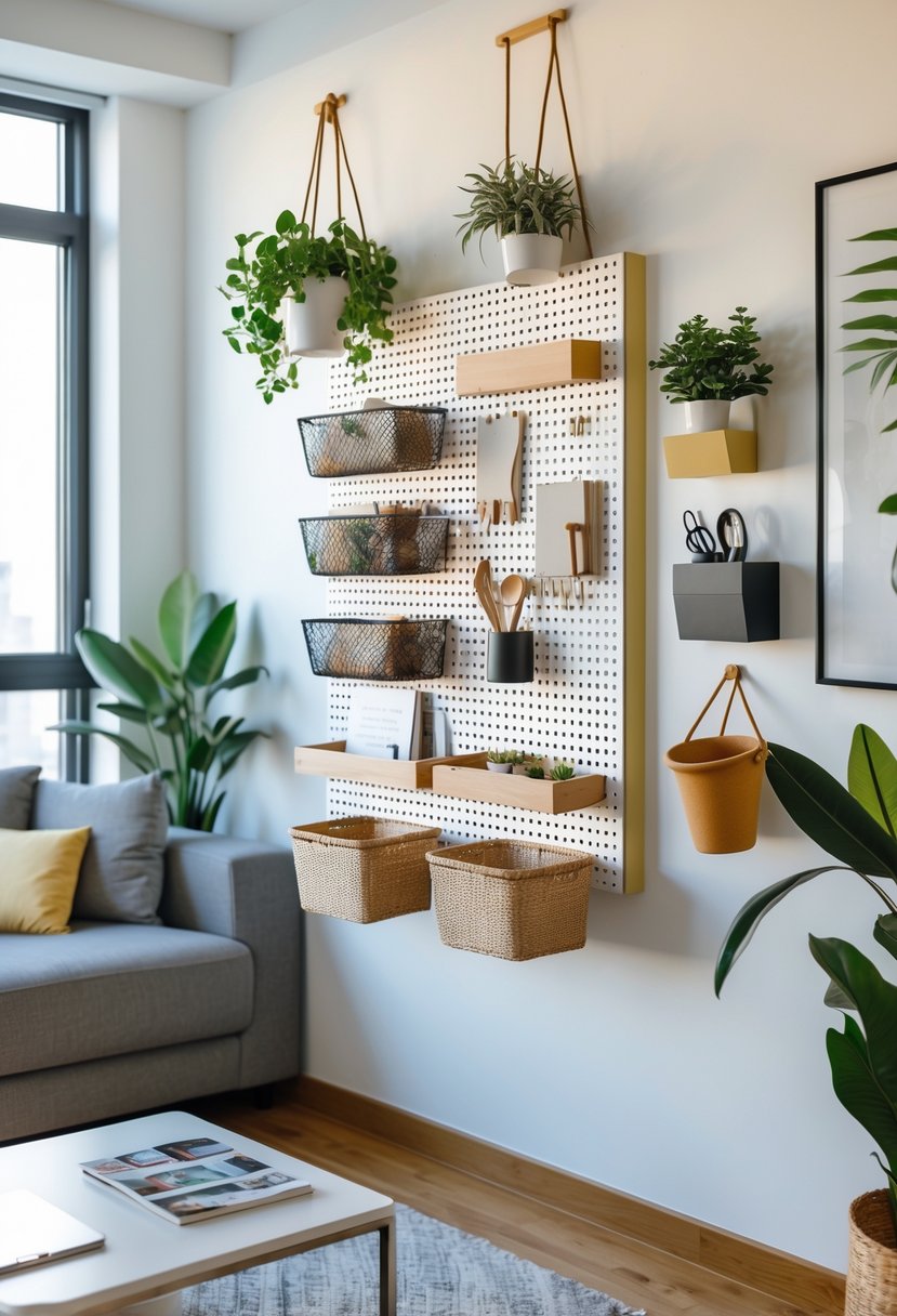 Apartment Makeover Ideas 2026: 22 Stylish Ways To Refresh Your Space 24 A modern apartment interior with a white pegboard on the wall holding various organized storage items and decor, surrounded by contemporary furniture and natural light.