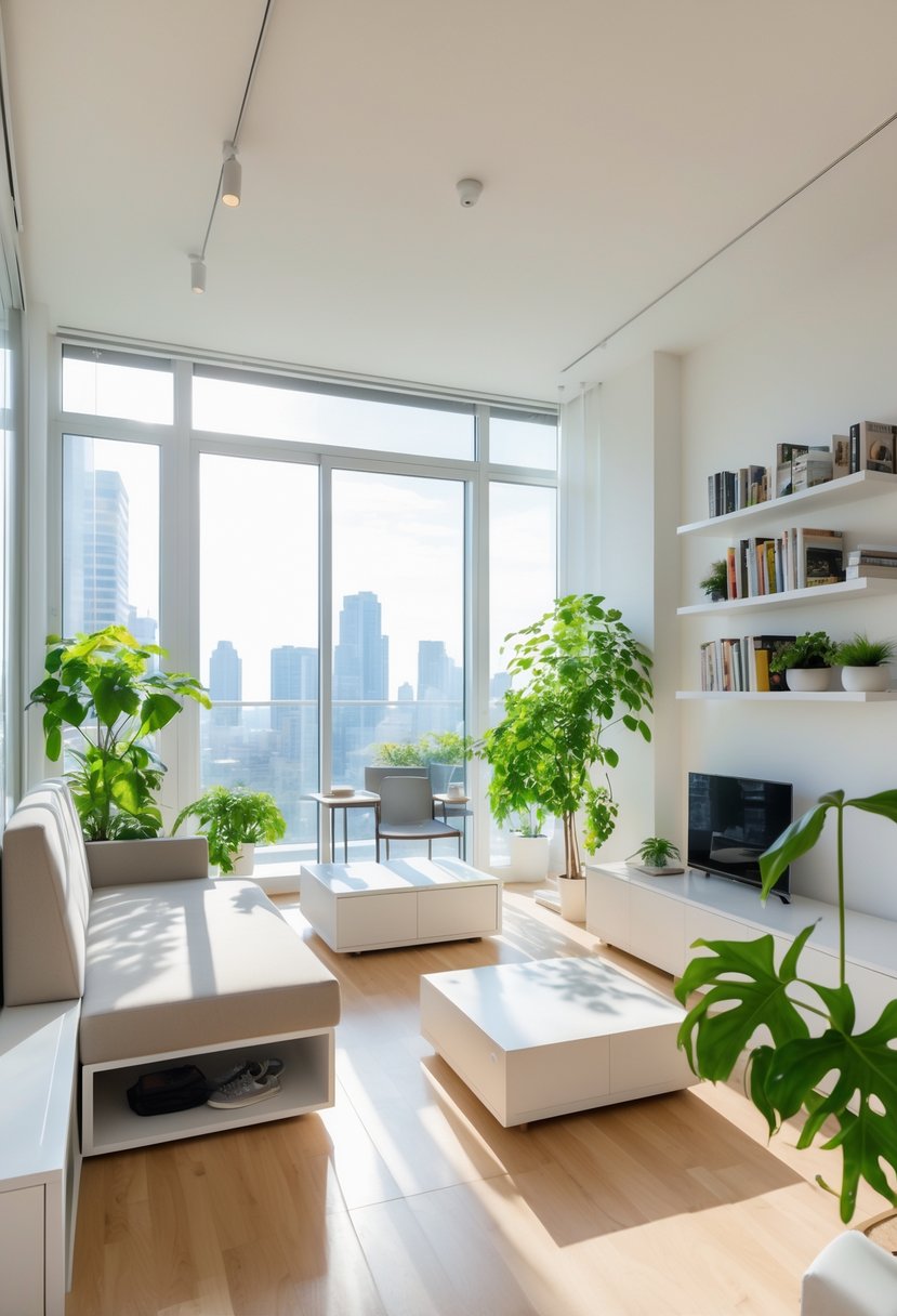 Apartment Makeover Ideas 2026: 22 Stylish Ways To Refresh Your Space 26 A bright apartment living area with large windows, multifunctional furniture, and indoor plants.