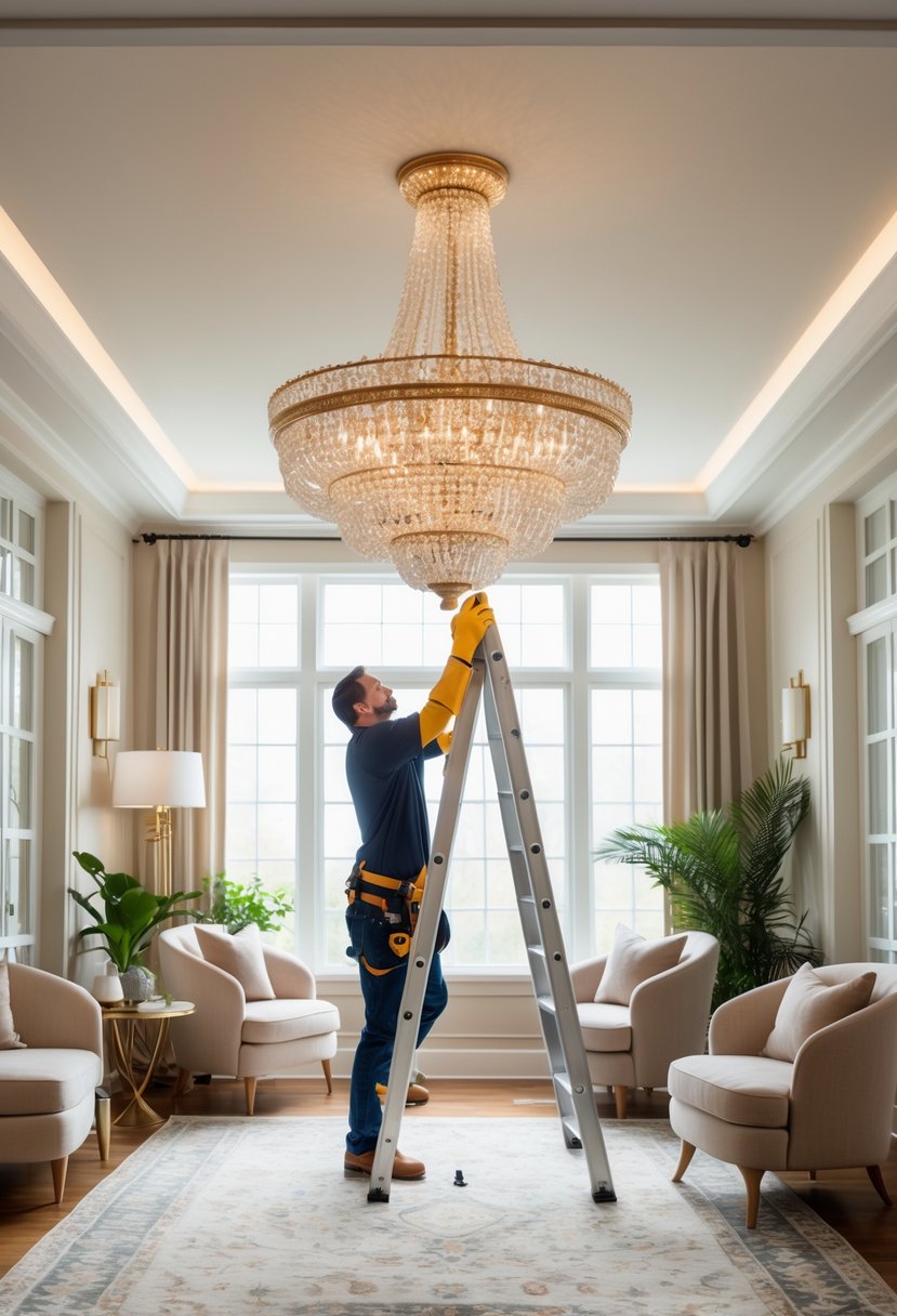Parlor Makeover Ideas 2026: 21 Stylish Ways To Refresh Your Space 6 A person installing a crystal chandelier in a bright, well-decorated parlor with modern and classic furnishings.