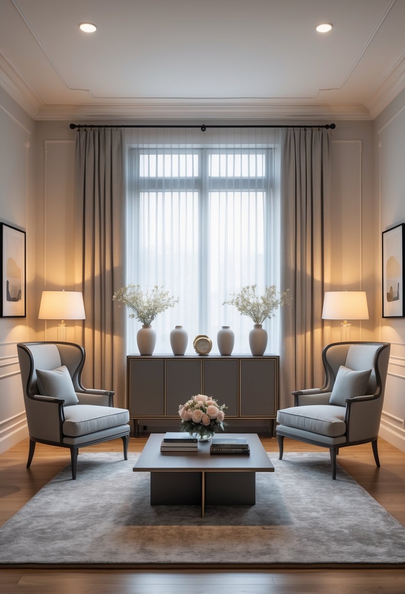 Parlor Makeover Ideas 2026: 21 Stylish Ways To Refresh Your Space 7 A symmetrical parlor with two armchairs facing each other across a coffee table, warm lighting, a large window, and a sideboard with decorative items.