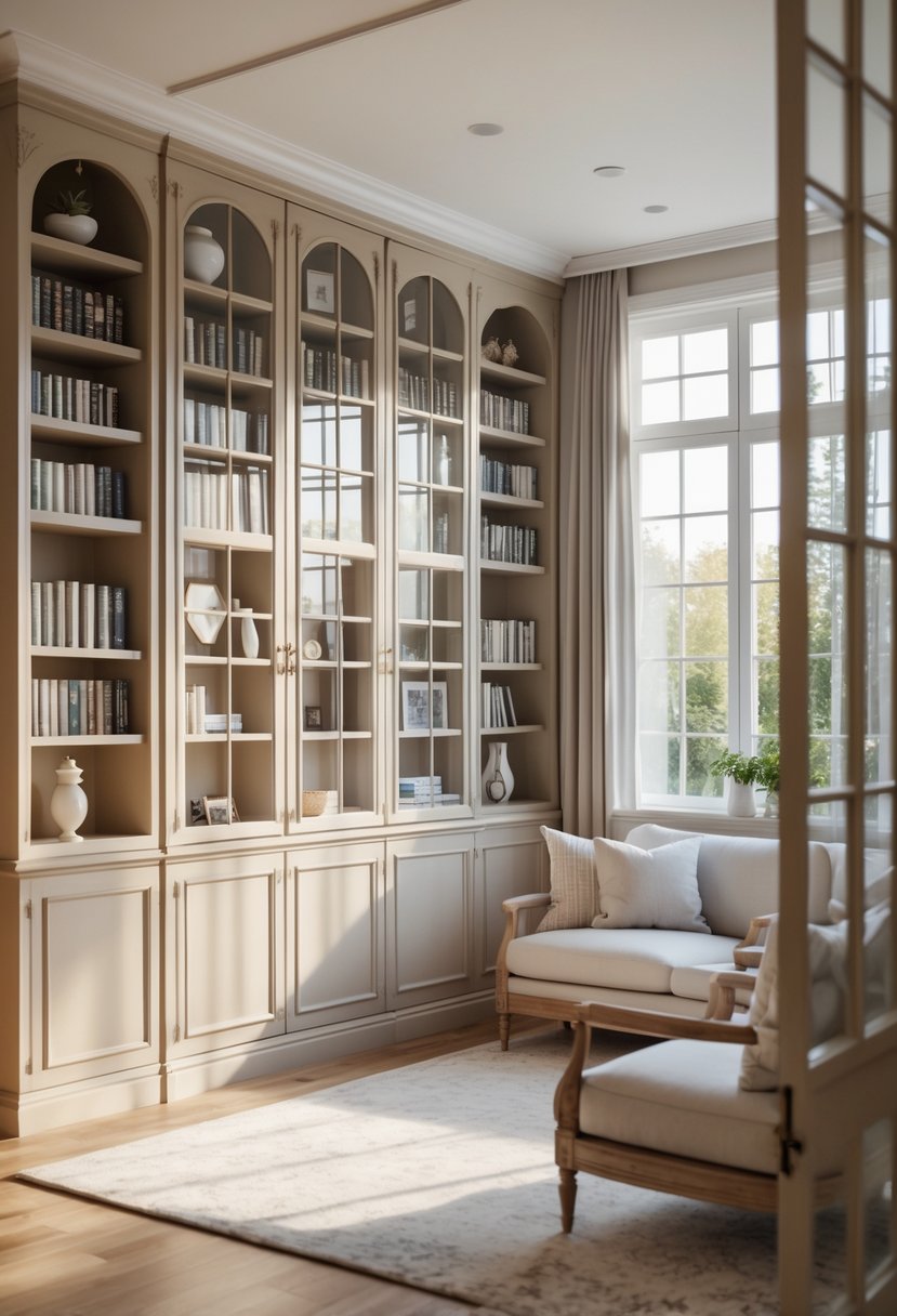 Parlor Makeover Ideas 2026: 21 Stylish Ways To Refresh Your Space 10 A bright parlor with built-in bookcases featuring glass doors, filled with books and decorative items, and comfortable seating.