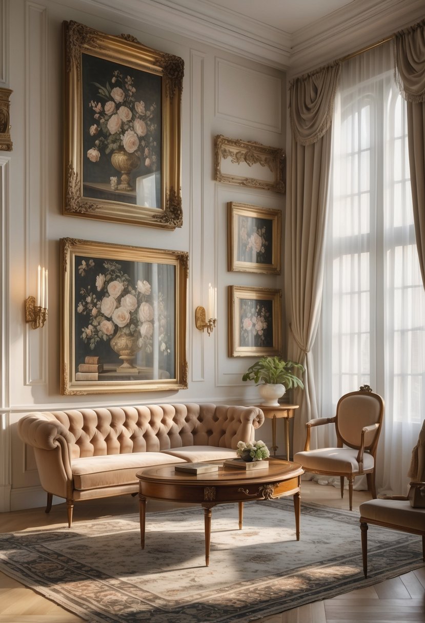 Parlor Makeover Ideas 2026: 21 Stylish Ways To Refresh Your Space 13 A cozy parlor room with vintage paintings in gold frames on the walls and classic furniture arranged around a coffee table.