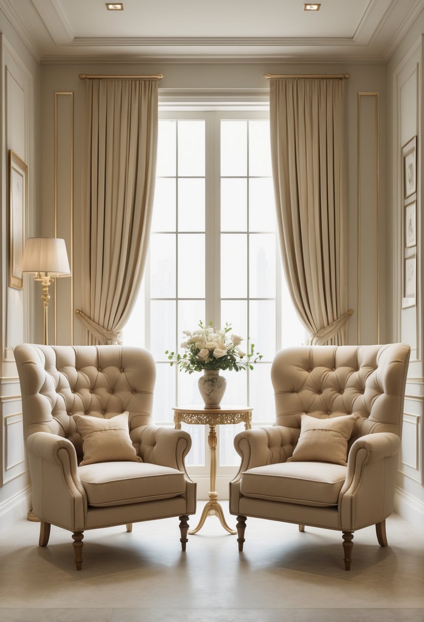 Parlor Makeover Ideas 2026: 21 Stylish Ways To Refresh Your Space 15 A cozy parlor with two tufted armchairs facing each other, a small side table with flowers between them, soft natural light coming through a window, and elegant decor.