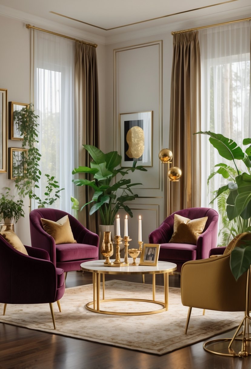 Parlor Makeover Ideas 2026: 21 Stylish Ways To Refresh Your Space 17 A cozy parlor with velvet armchairs, a coffee table, brass and gold decorative accents, indoor plants, and natural light coming through large windows.