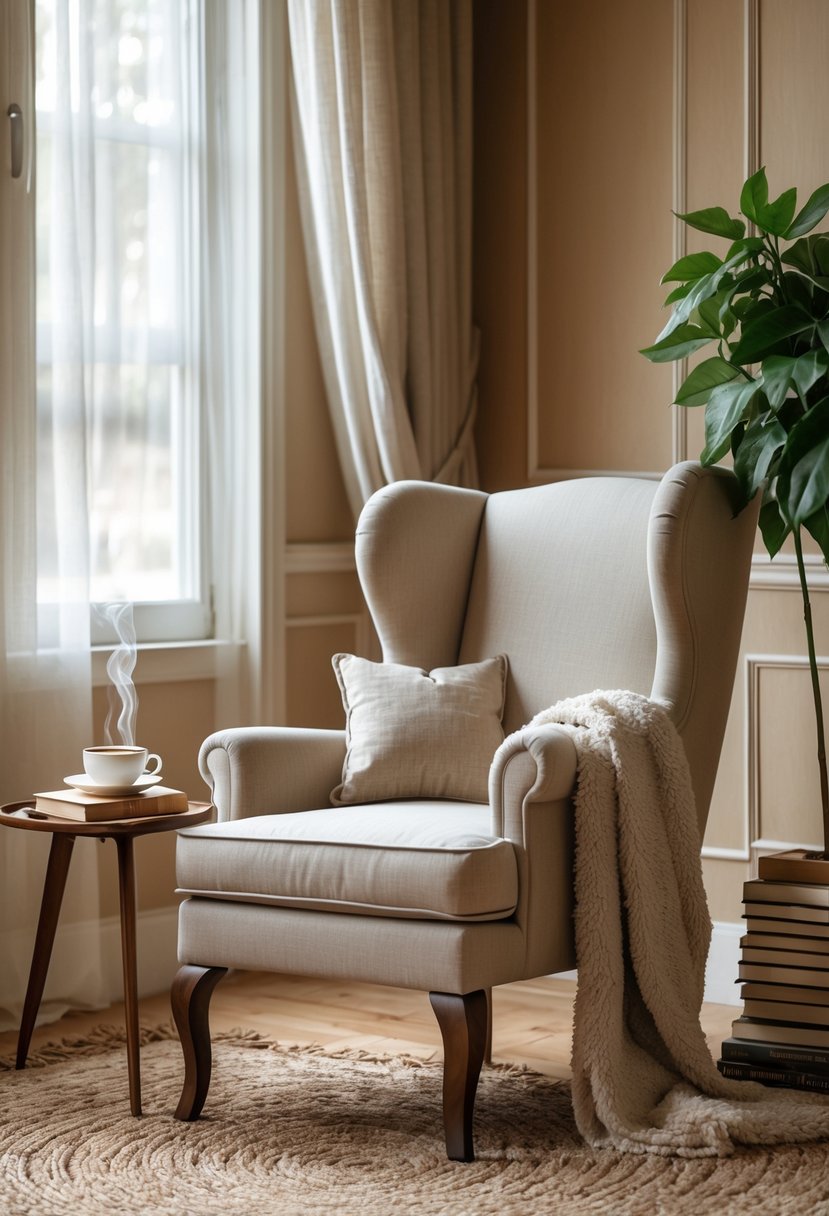 Parlor Makeover Ideas 2026: 21 Stylish Ways To Refresh Your Space 19 A cozy reading nook with a wingback chair next to a window, a side table with a cup and books, a throw blanket, a rug, and a green plant.