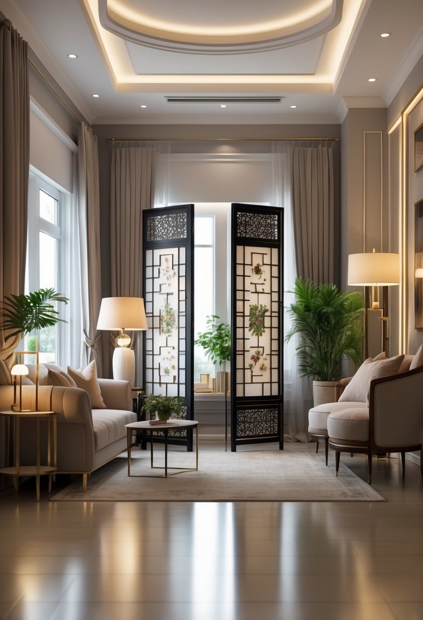 Parlor Makeover Ideas 2026: 21 Stylish Ways To Refresh Your Space 20 A bright parlor room with a decorative folding screen, sofa, coffee table, and natural light coming through windows.